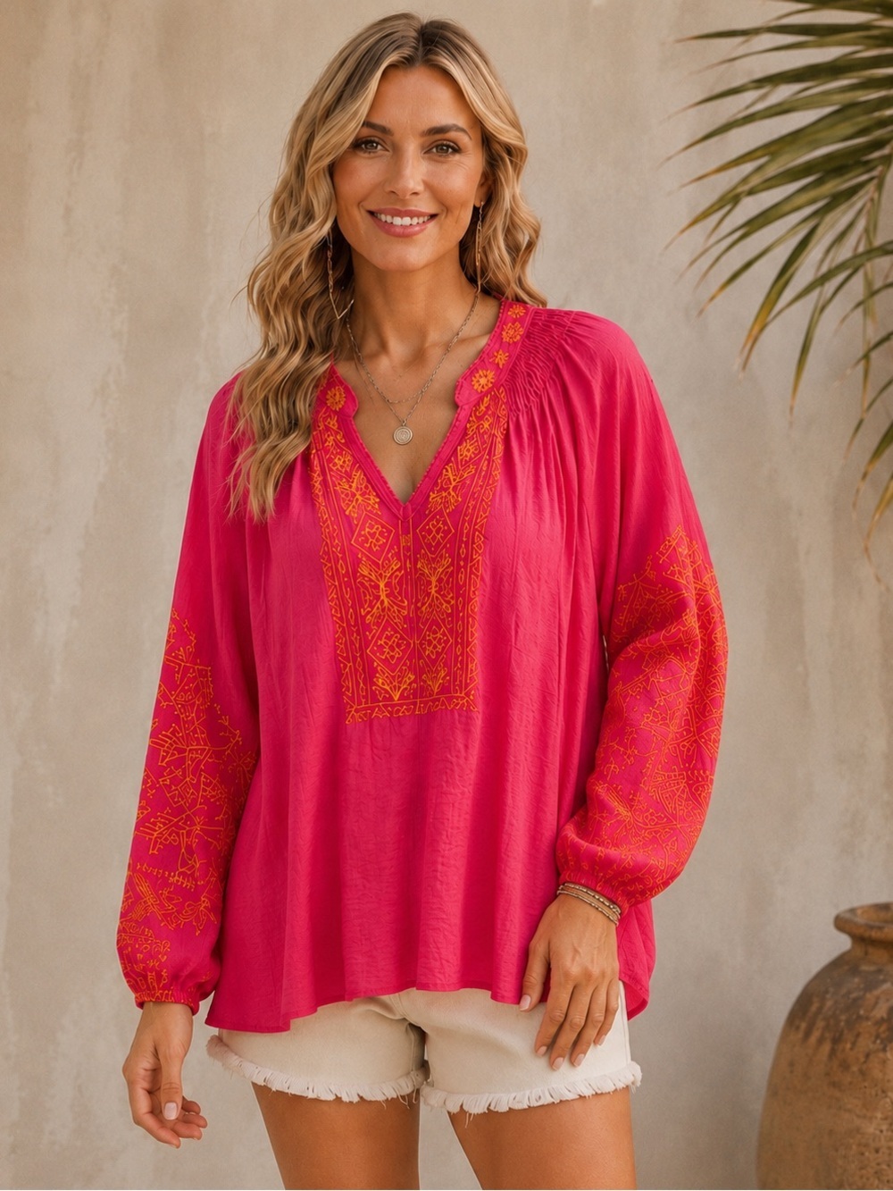 Boho Pink Embroidered V-Neck Tunic